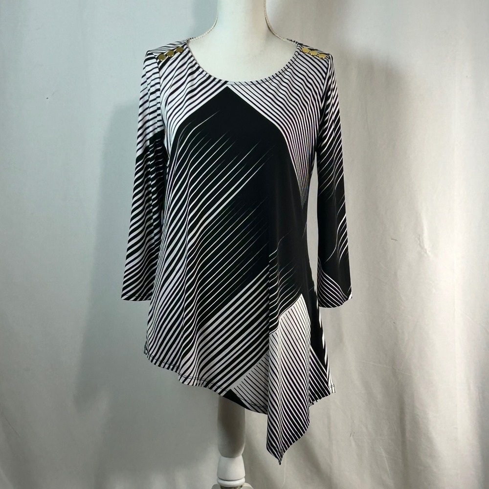 Rafaella Studio Women Black White Striped Asymmetrical Tunic Top‎ S